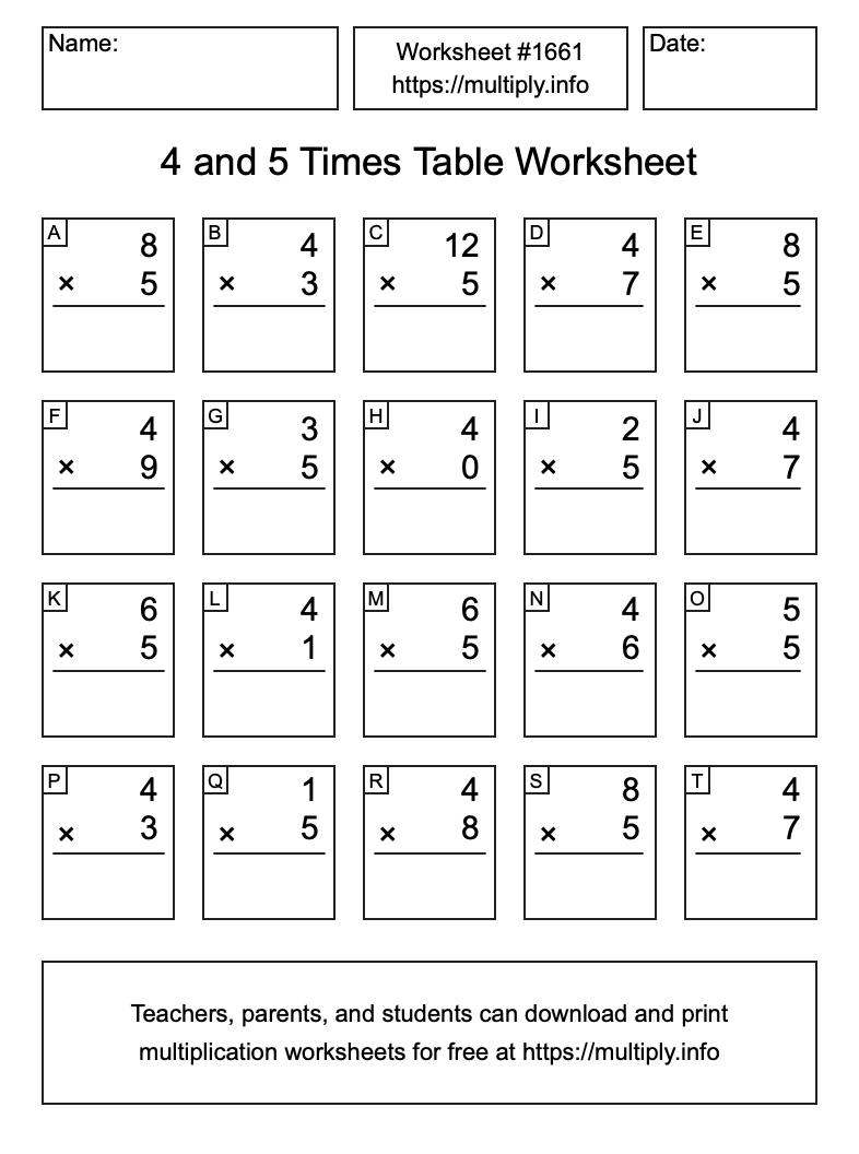 4 and 5 Times Table Worksheet #1661