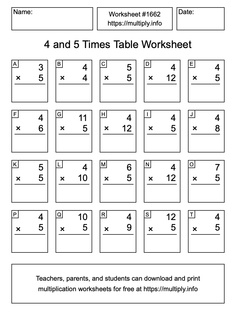 4 and 5 Times Table Worksheet #1662