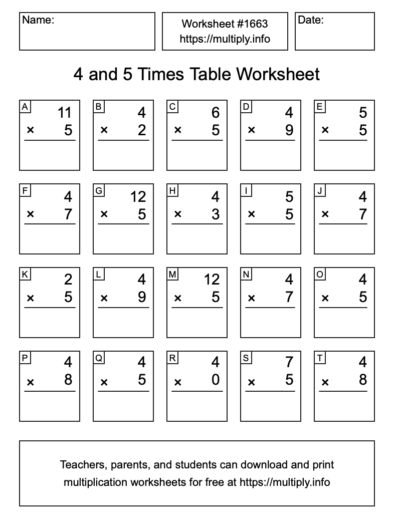 4 and 5 Times Table Worksheet #1663
