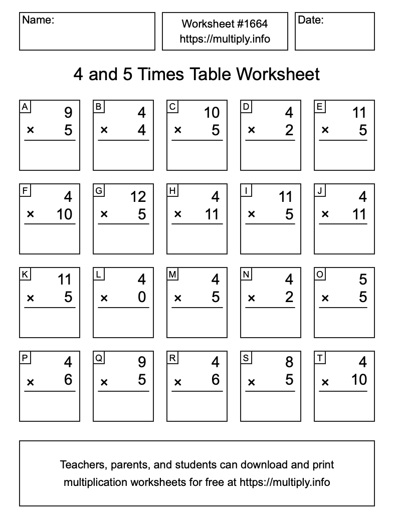 4 and 5 Times Table Worksheet #1664