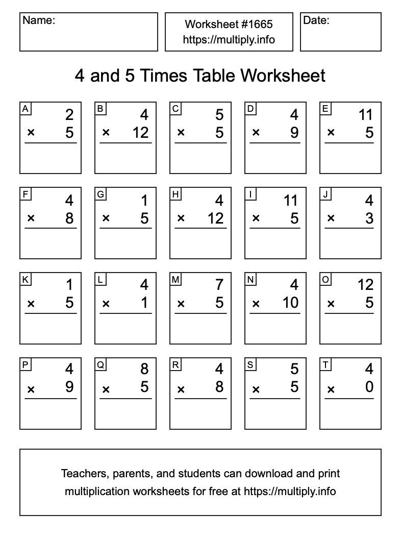 4 and 5 Times Table Worksheet #1665