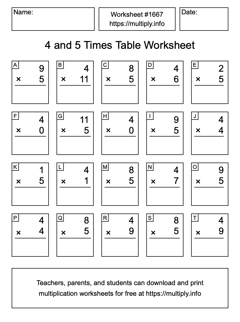 4 and 5 Times Table Worksheet #1667