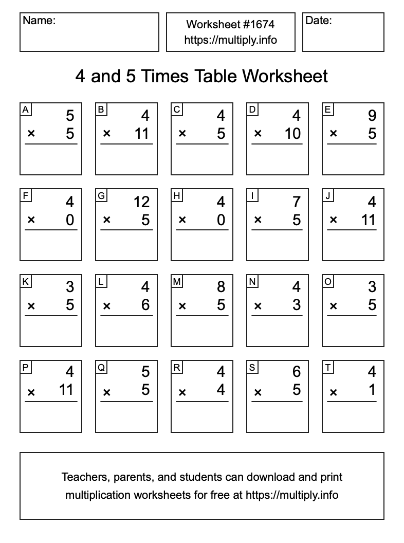 4 and 5 Times Table Worksheet #1674