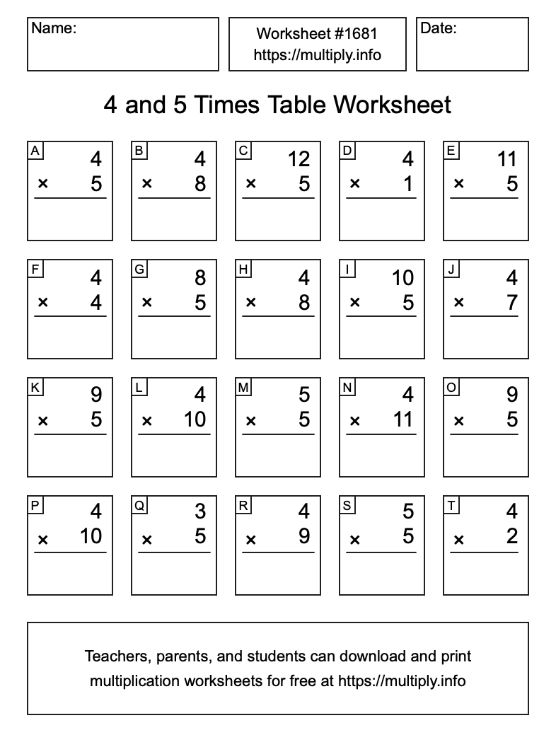 4 and 5 Times Table Worksheet #1681