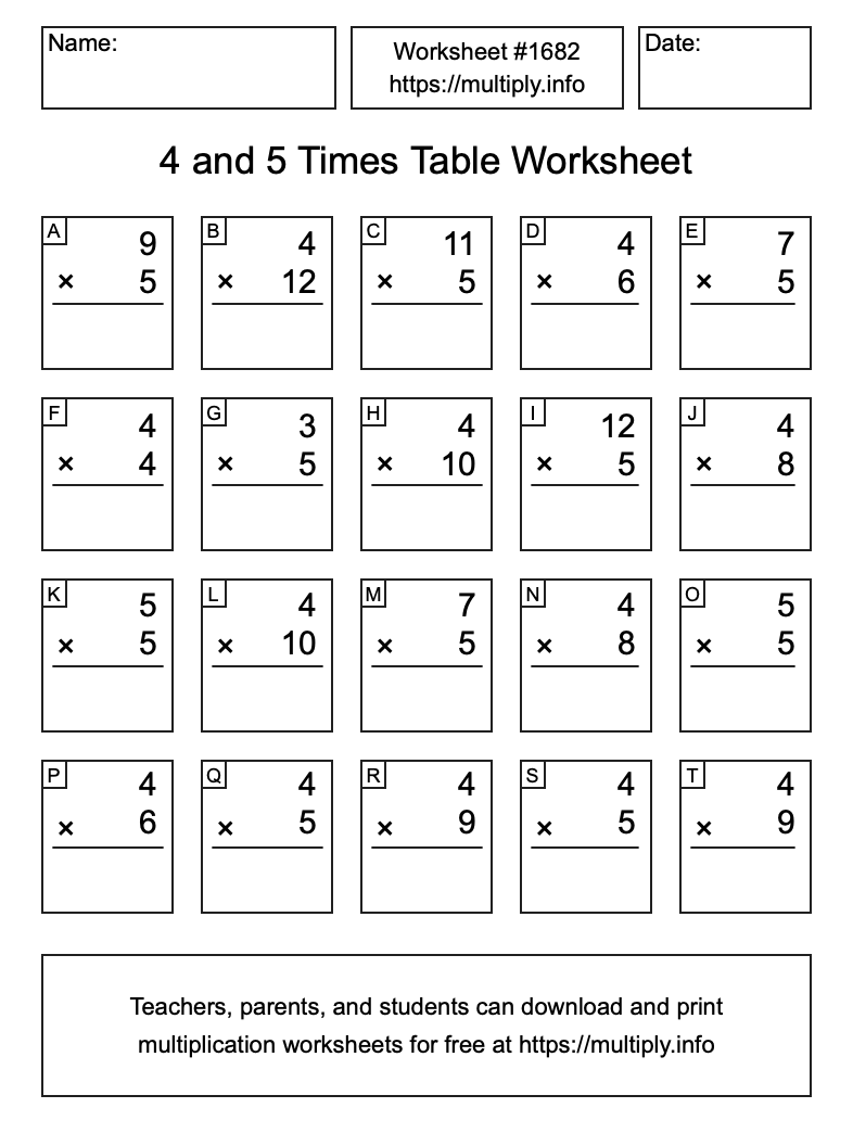 4 and 5 Times Table Worksheet #1682