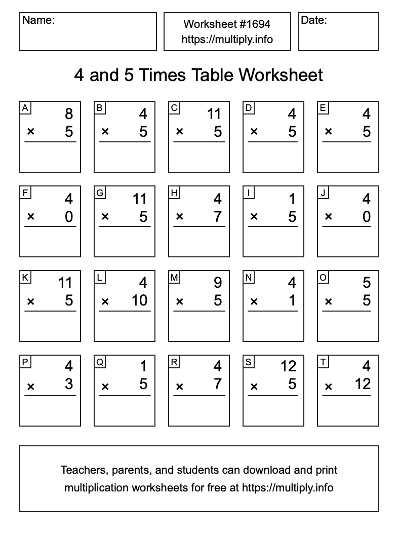 4 and 5 Times Table Worksheet #1694