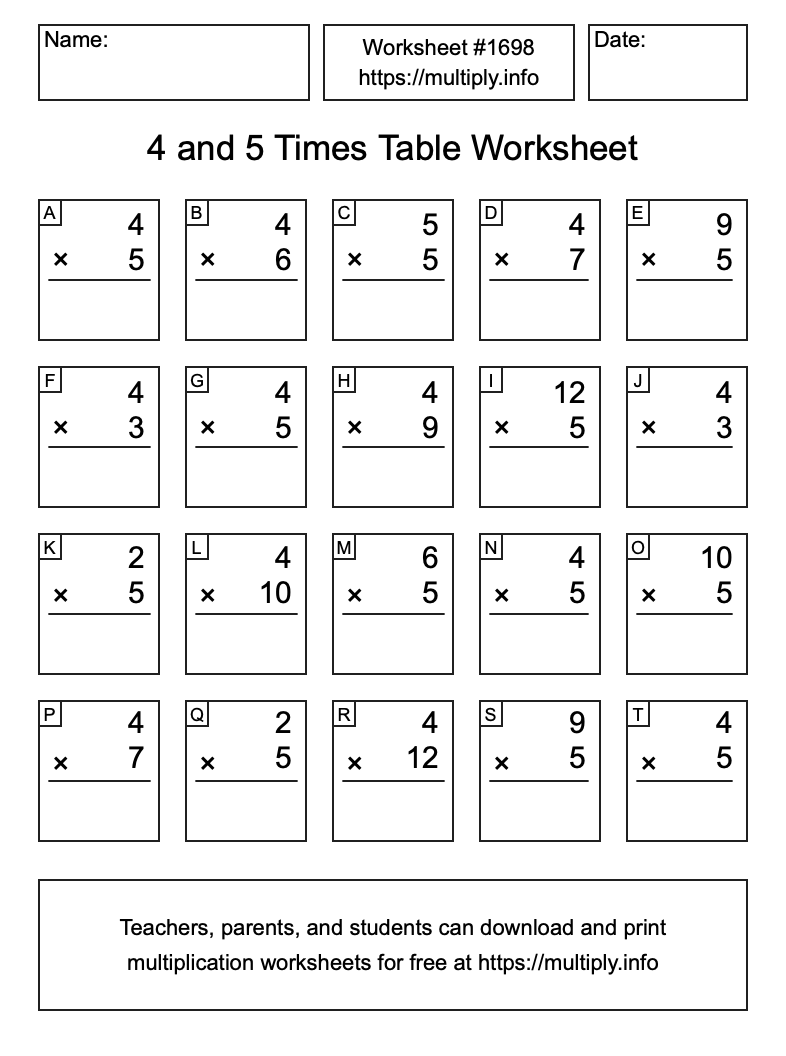 4 and 5 Times Table Worksheet #1698