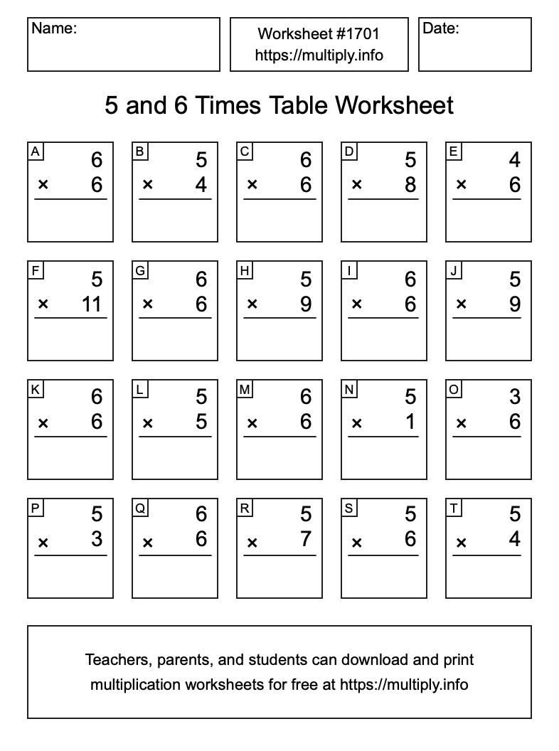 5 and 6 Times Table Worksheet #1701