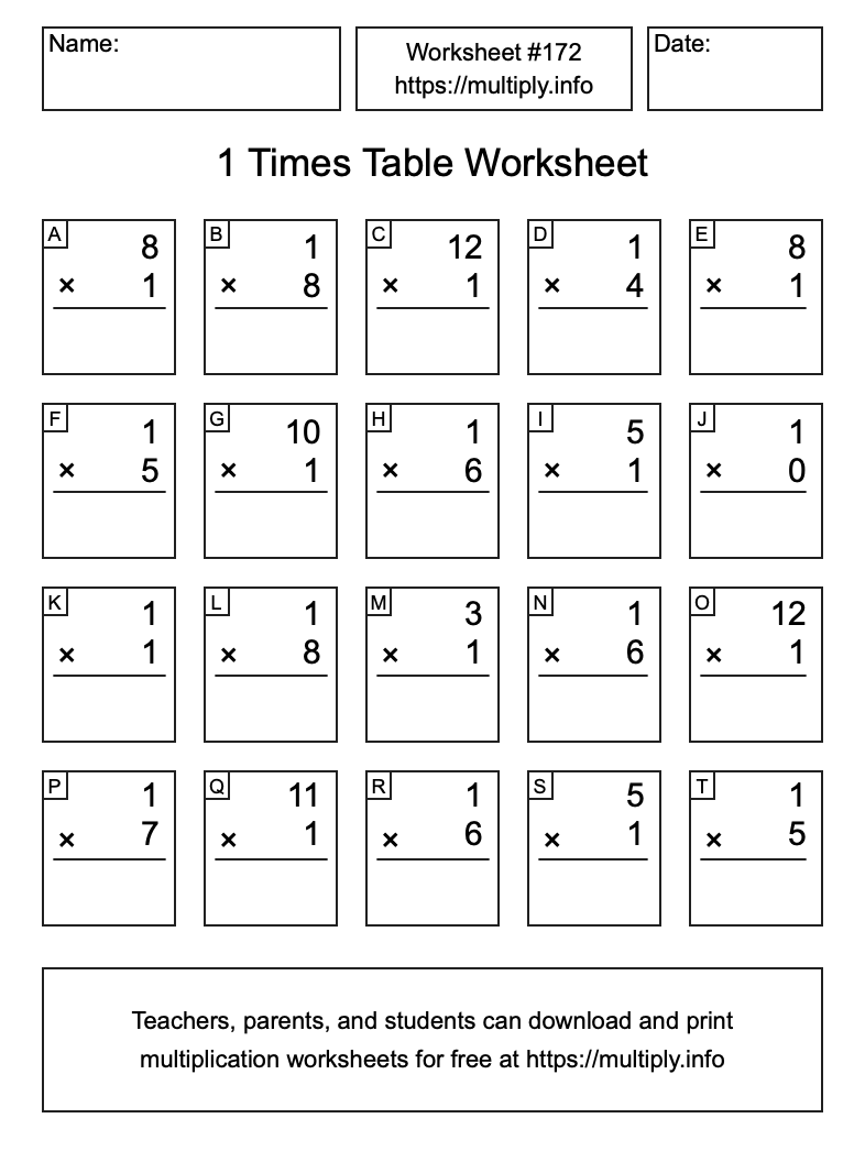 1 Times Table Worksheet #172