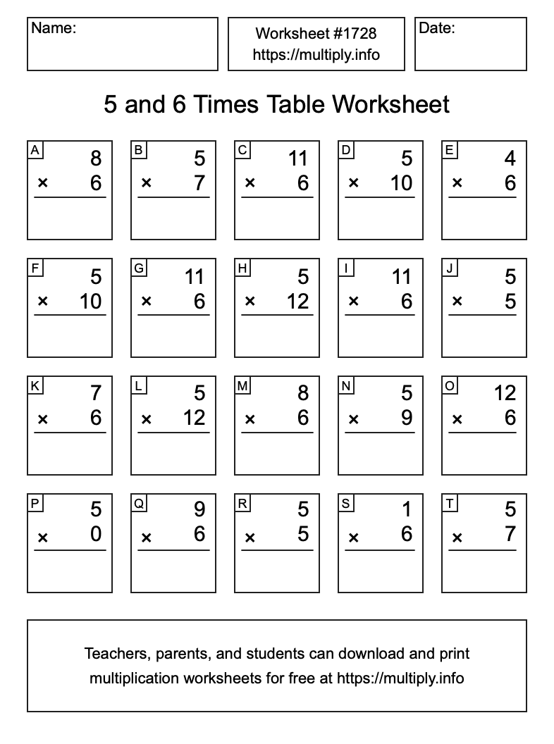 5 and 6 Times Table Worksheet #1728