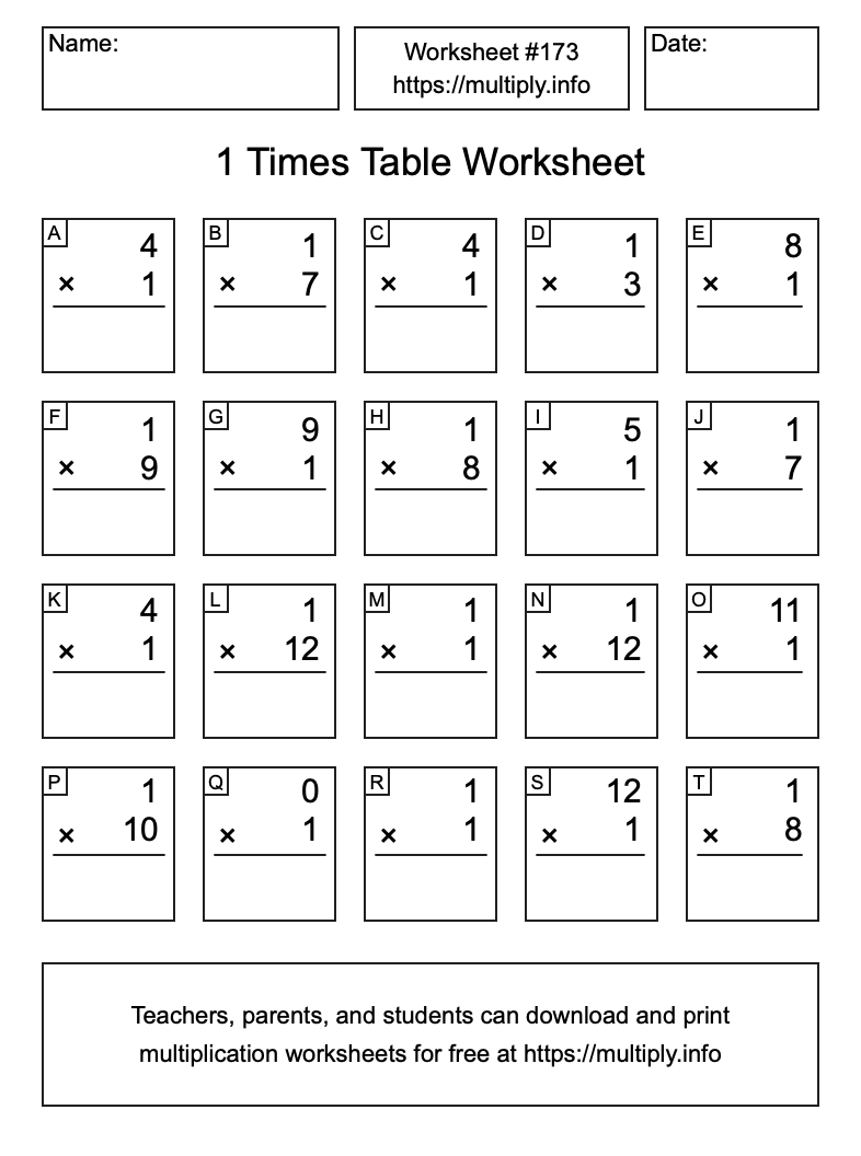 1 Times Table Worksheet #173