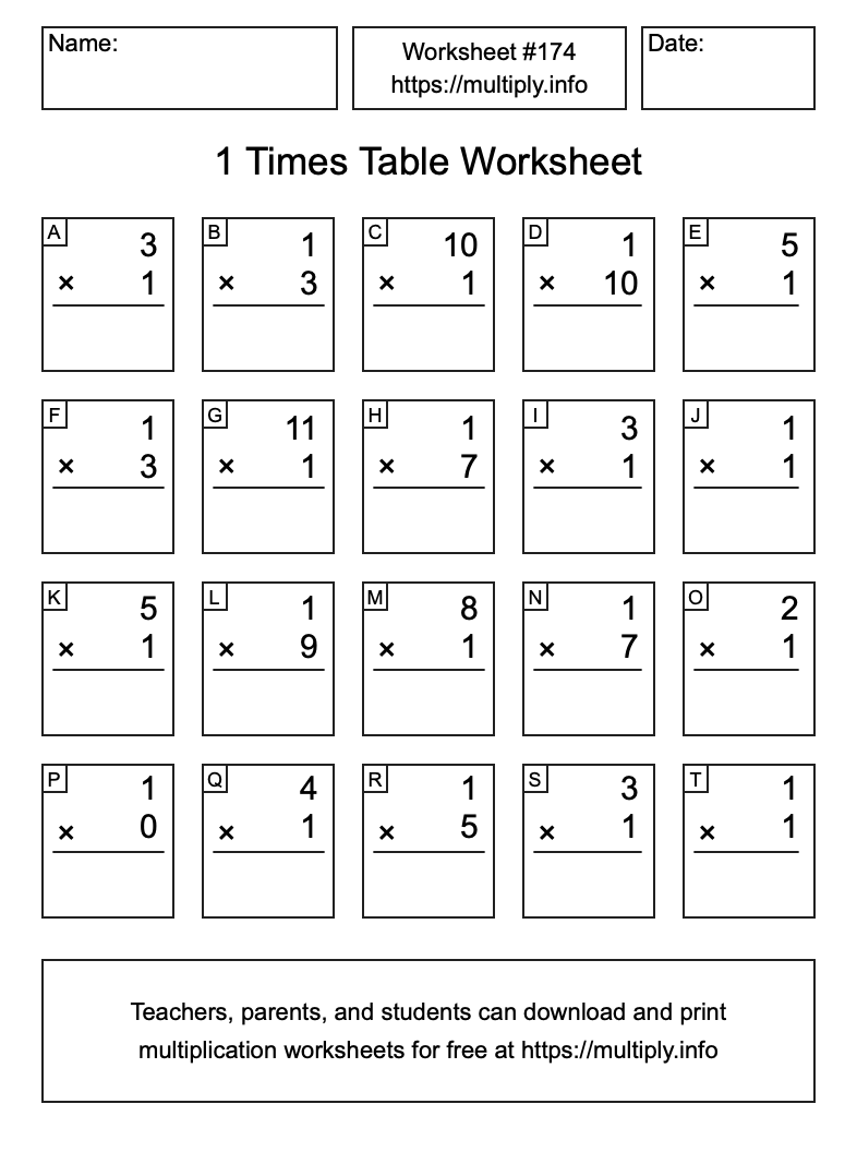 1 Times Table Worksheet #174