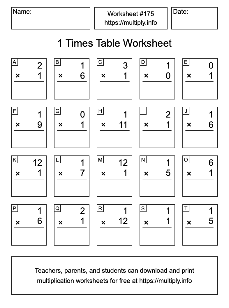 1 Times Table Worksheet #175