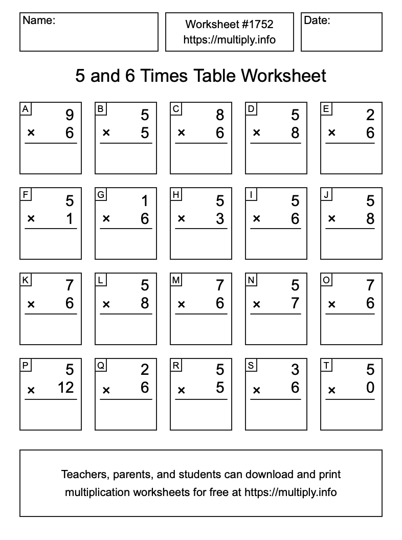 5 and 6 Times Table Worksheet #1752