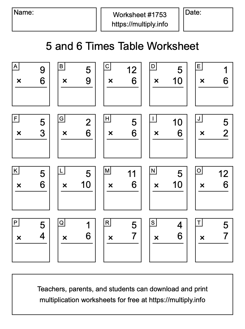 5 and 6 Times Table Worksheet #1753