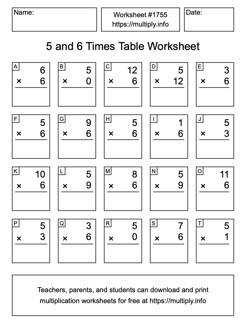 5 and 6 Times Table Worksheet #1755