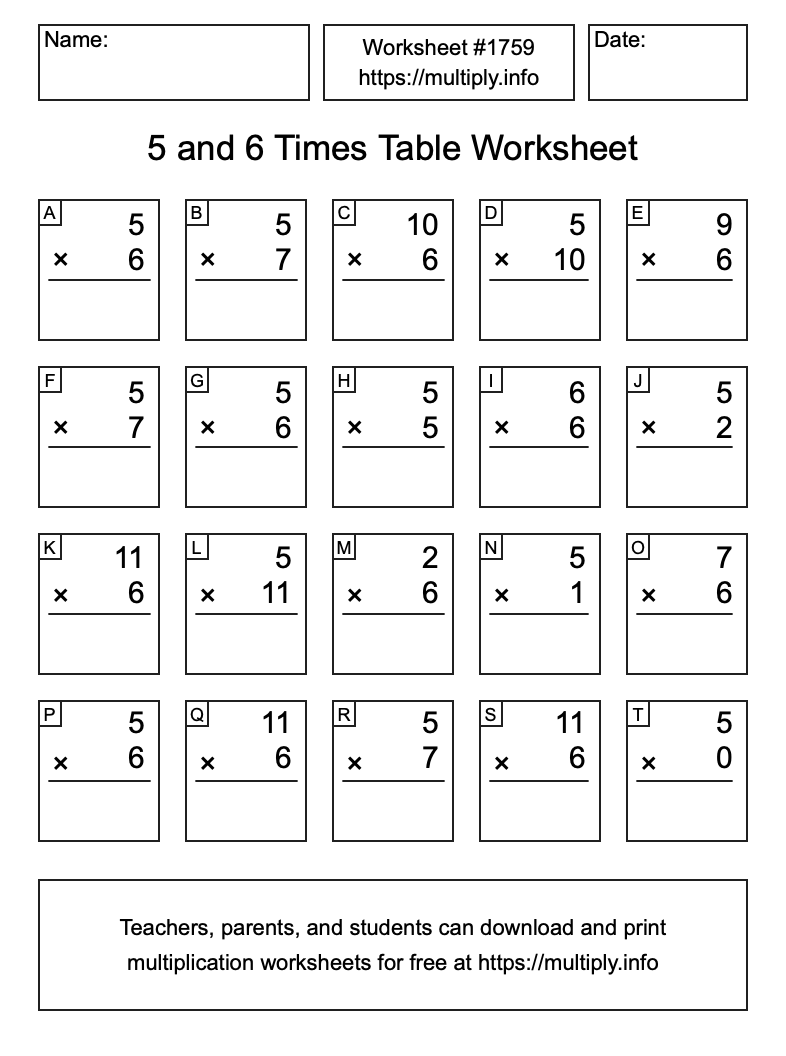 5 and 6 Times Table Worksheet #1759