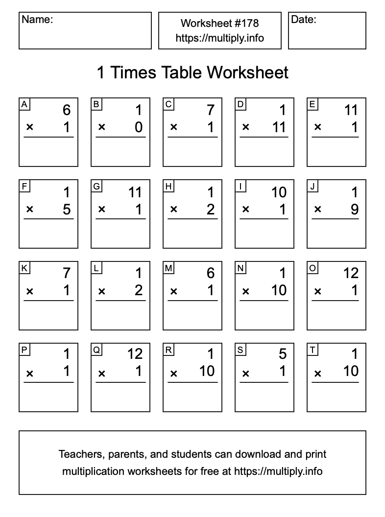 1 Times Table Worksheet #178