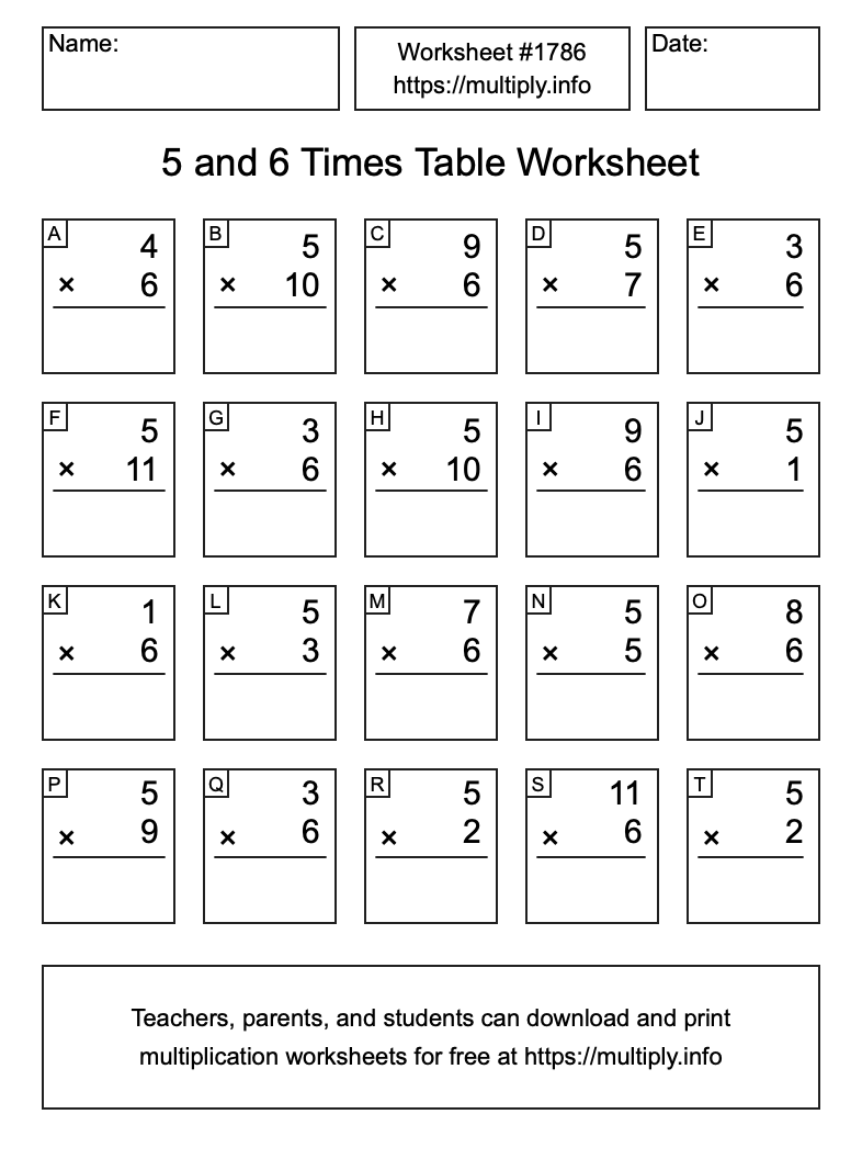 5 and 6 Times Table Worksheet #1786