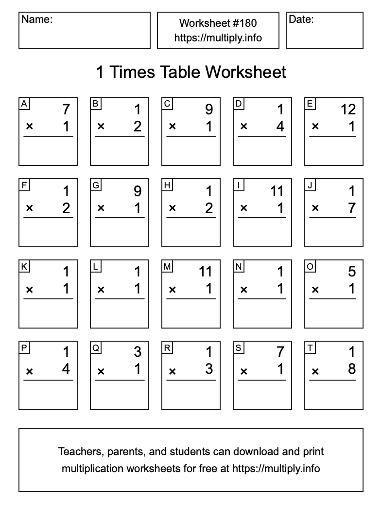 1 Times Table Worksheet #180