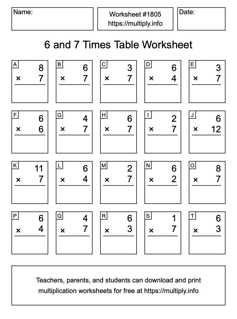 6 and 7 Times Table Worksheet #1805