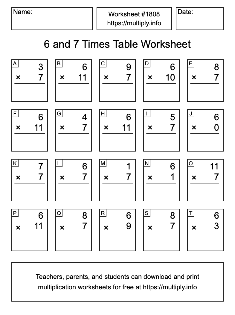 6 and 7 Times Table Worksheet #1808
