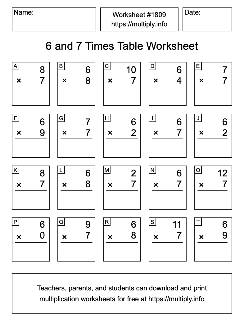 6 and 7 Times Table Worksheet #1809