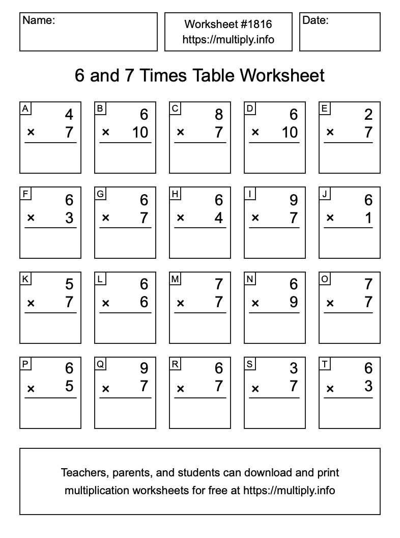 6 and 7 Times Table Worksheet #1816