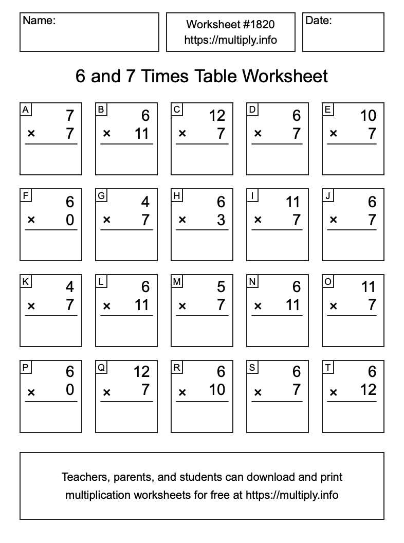 6 and 7 Times Table Worksheet #1820