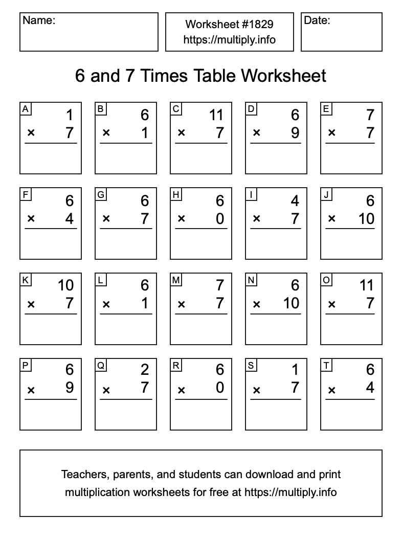 6 and 7 Times Table Worksheet #1829