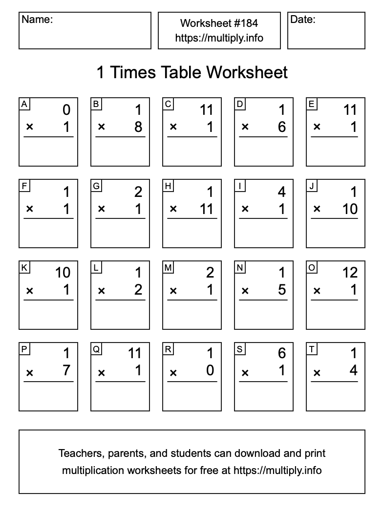 1 Times Table Worksheet #184