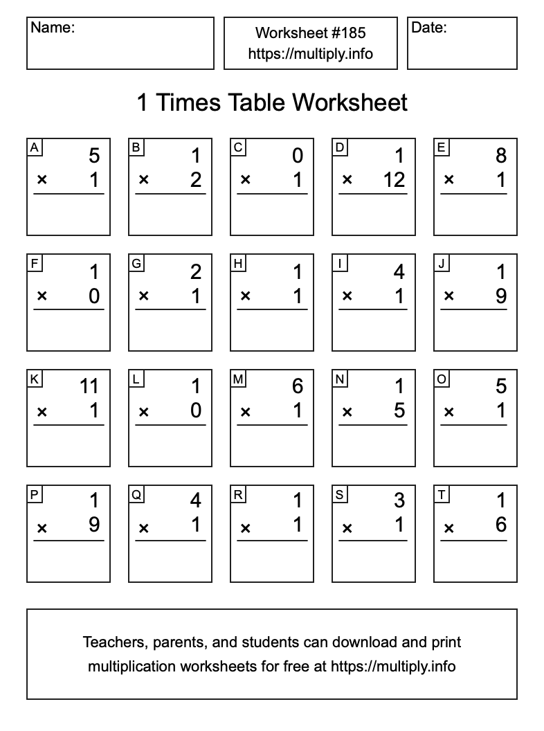 1 Times Table Worksheet #185