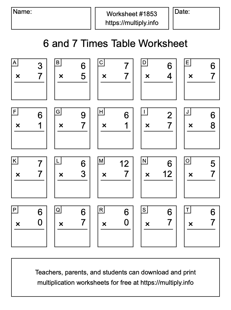 6 and 7 Times Table Worksheet #1853