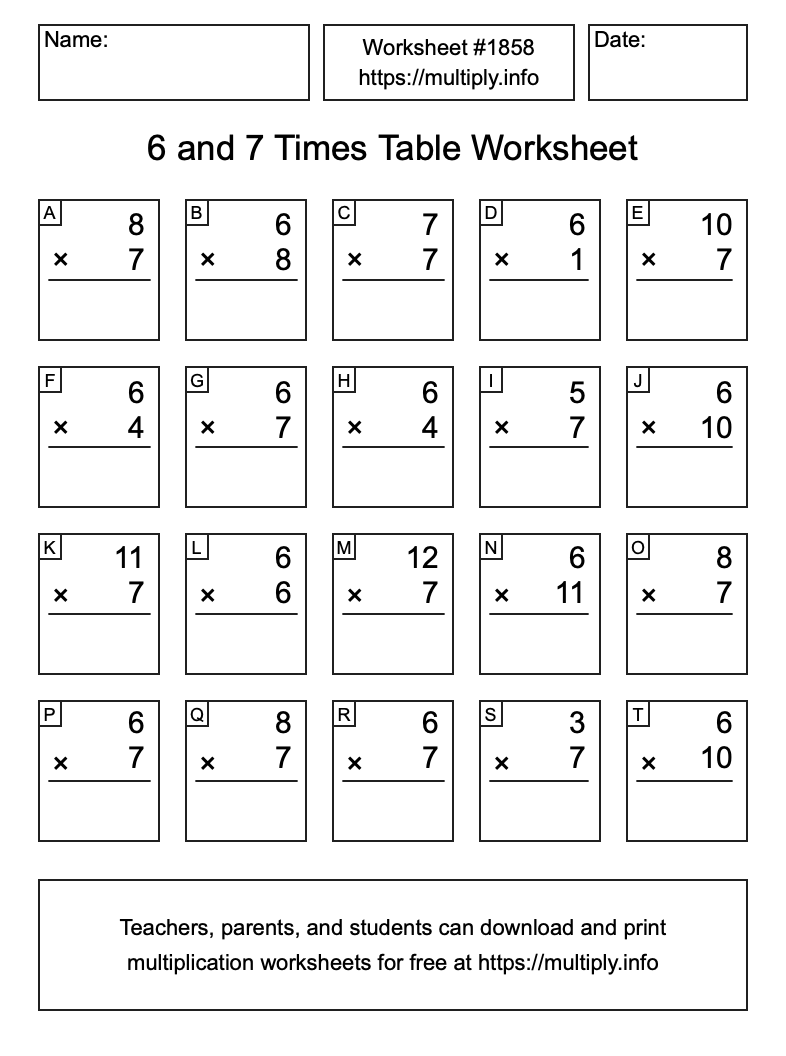 6 and 7 Times Table Worksheet #1858