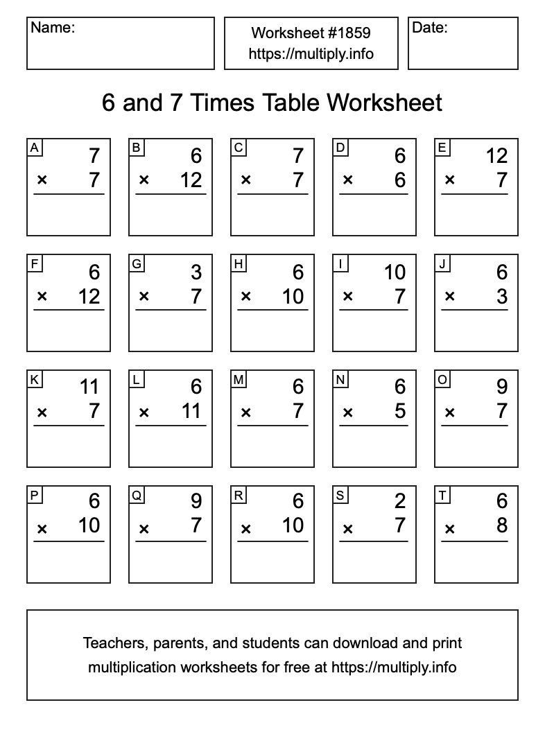 6 and 7 Times Table Worksheet #1859