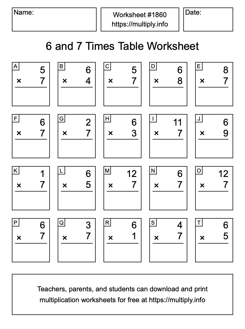 6 and 7 Times Table Worksheet #1860