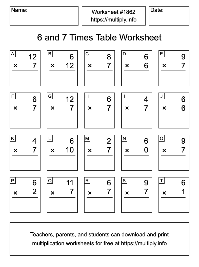 6 and 7 Times Table Worksheet #1862