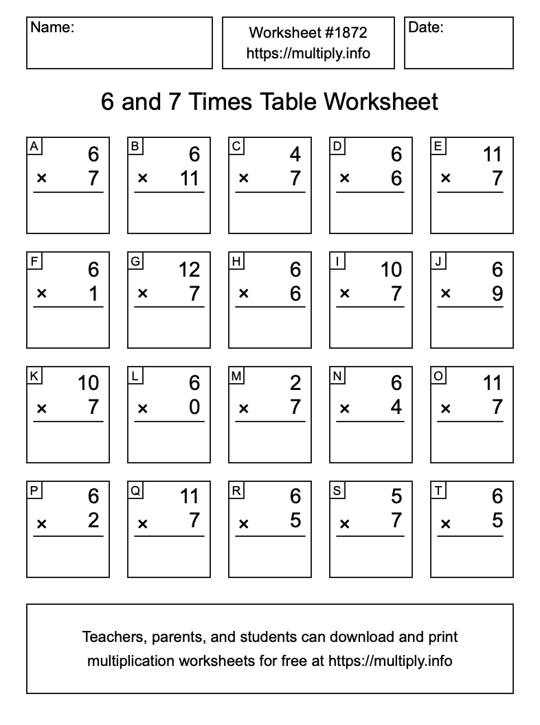6 and 7 Times Table Worksheet #1872