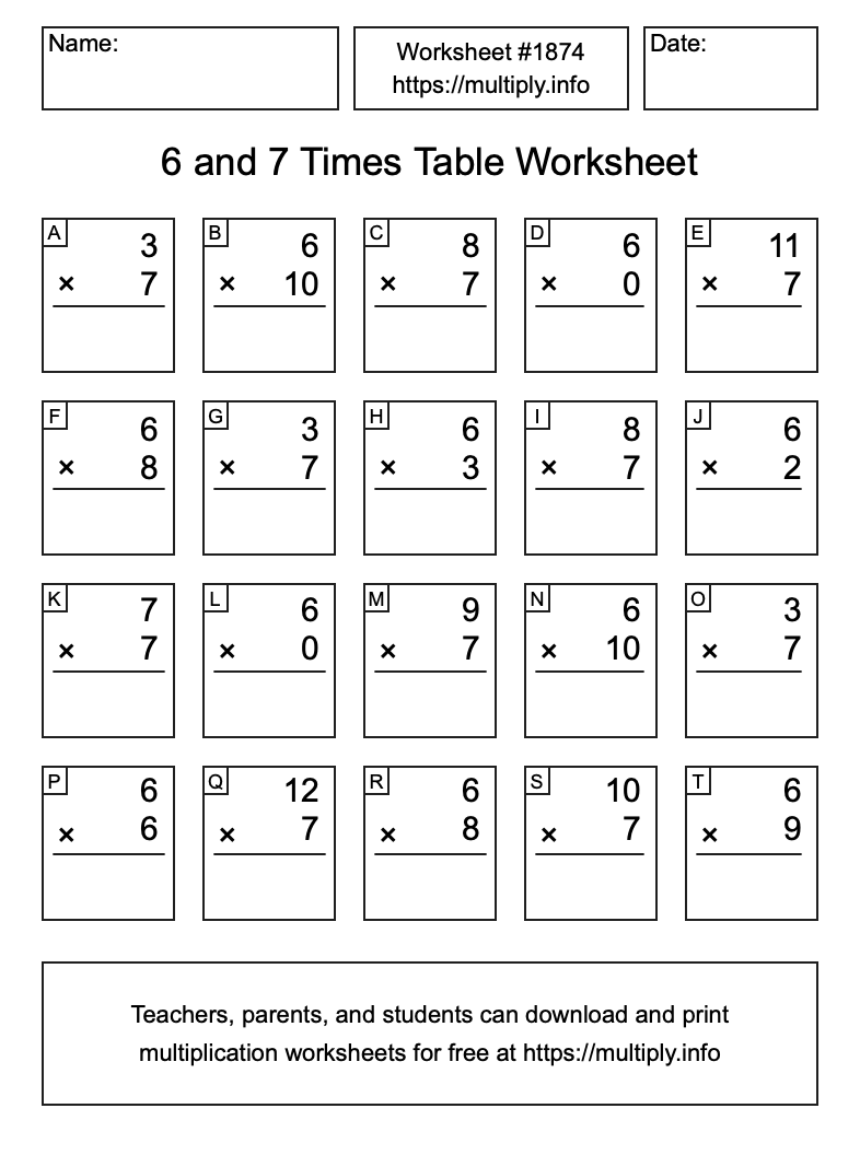 6 and 7 Times Table Worksheet #1874