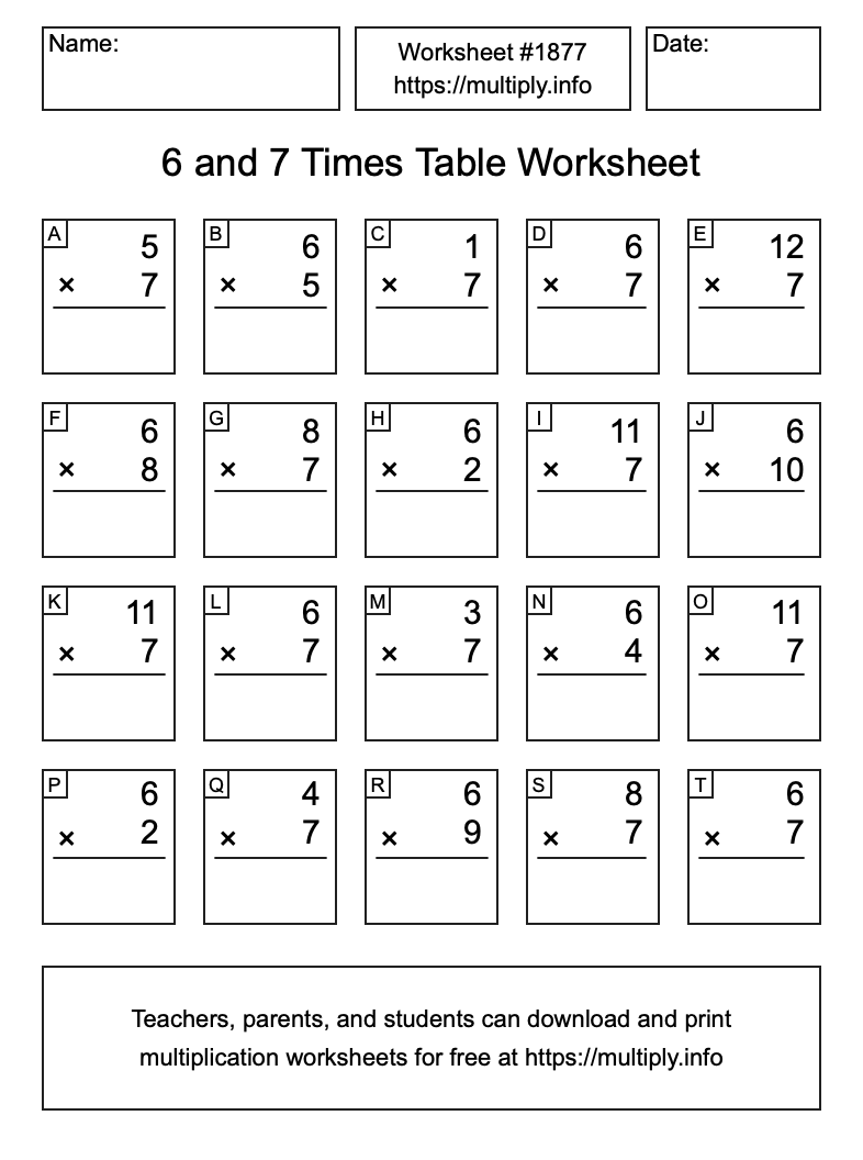 6 and 7 Times Table Worksheet #1877