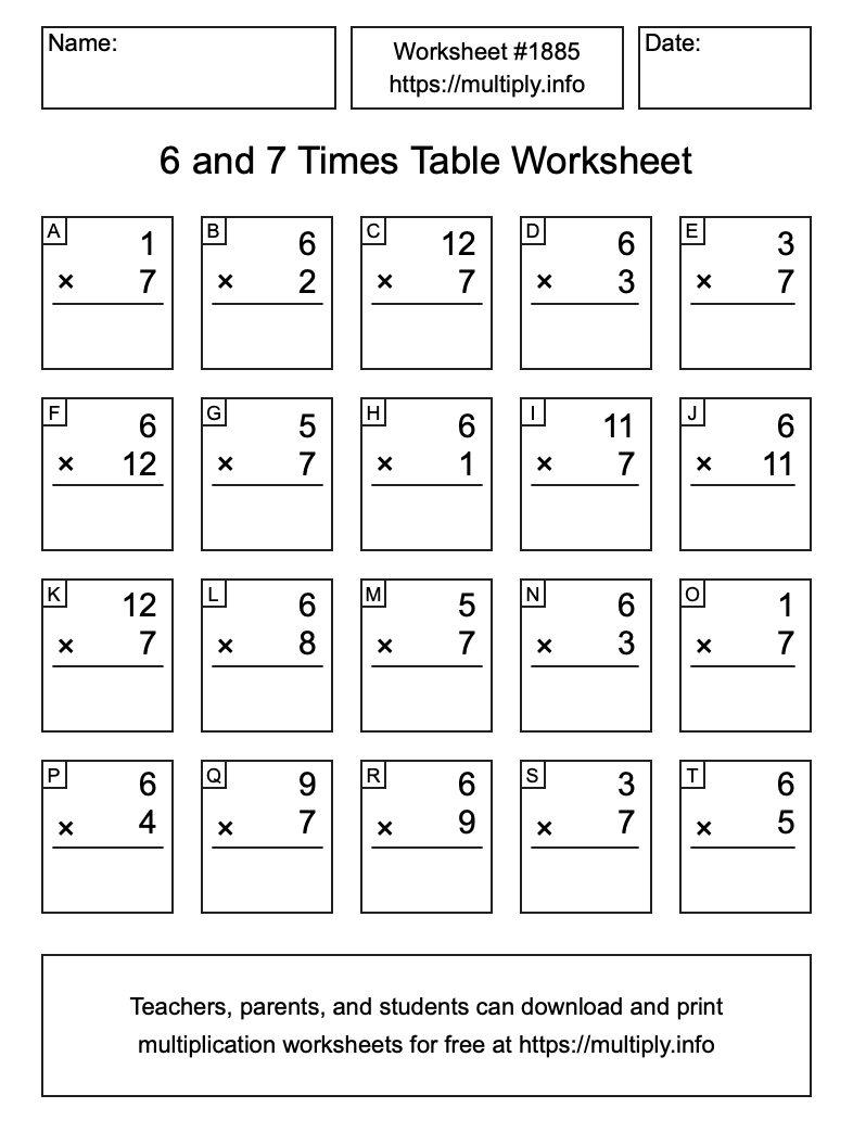 6 and 7 Times Table Worksheet #1885