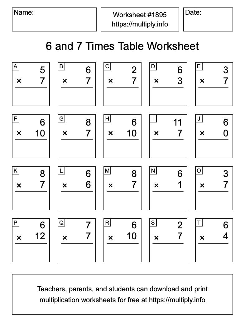 6 and 7 Times Table Worksheet #1895