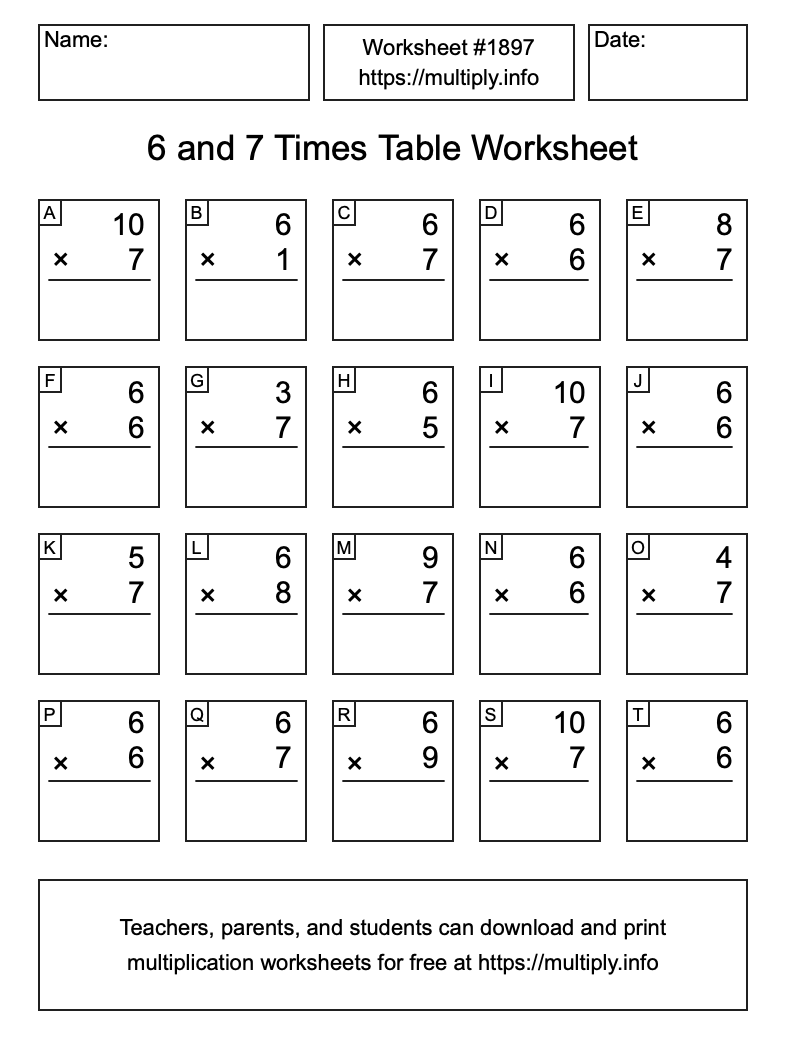 6 and 7 Times Table Worksheet #1897