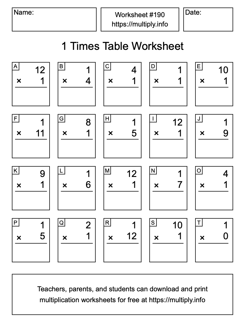 1 Times Table Worksheet #190