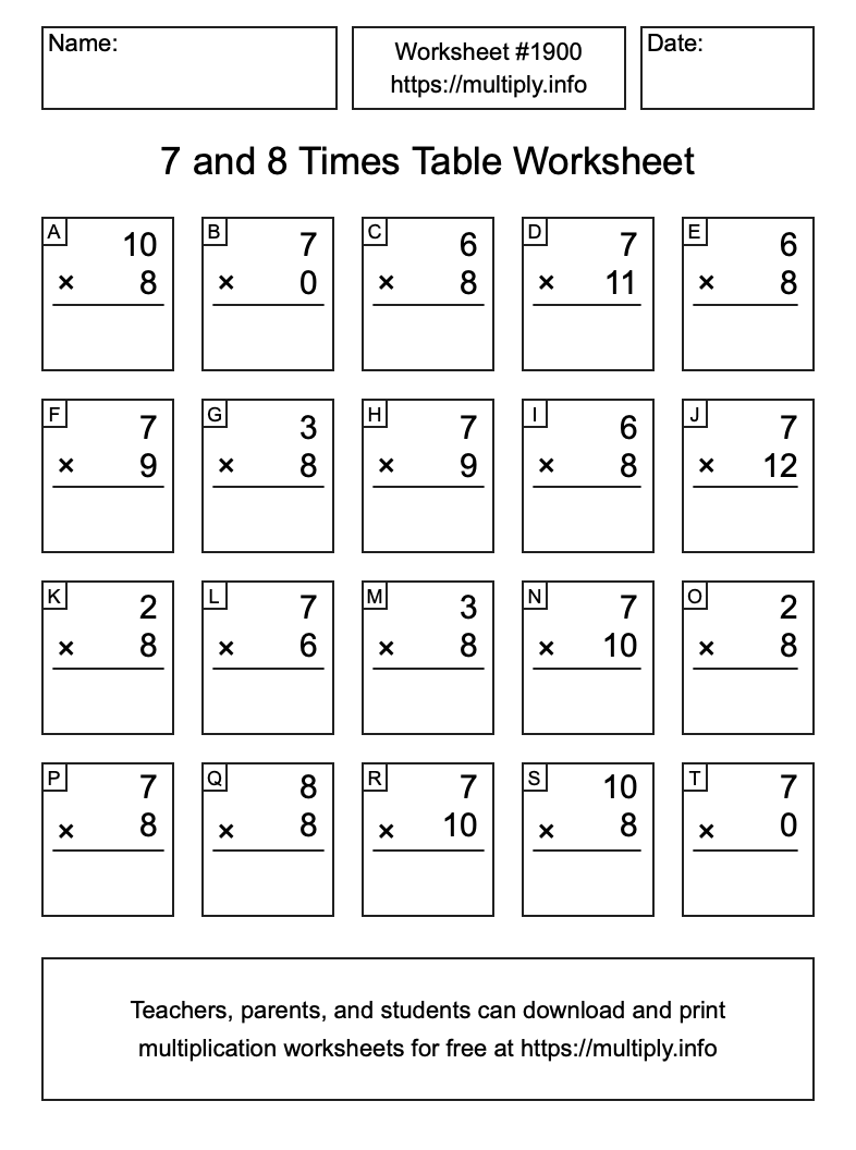7 and 8 Times Table Worksheet #1900