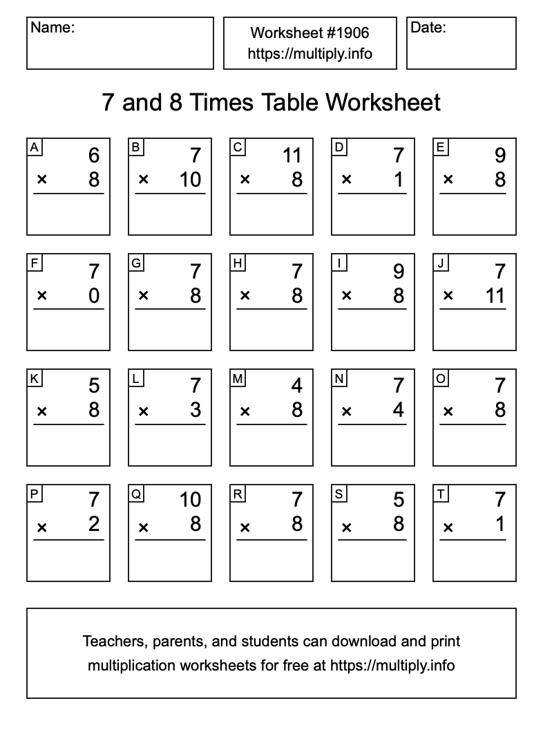 7 and 8 Times Table Worksheet #1906