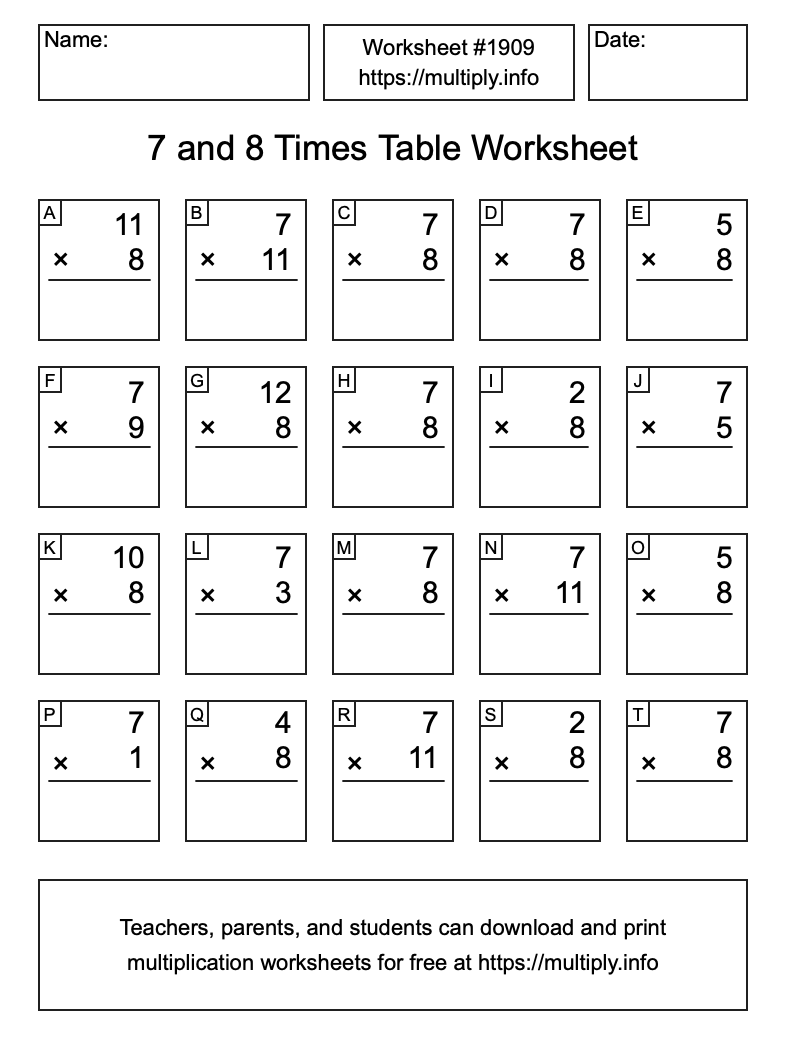 7 and 8 Times Table Worksheet #1909