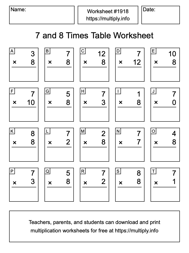7 and 8 Times Table Worksheet #1918