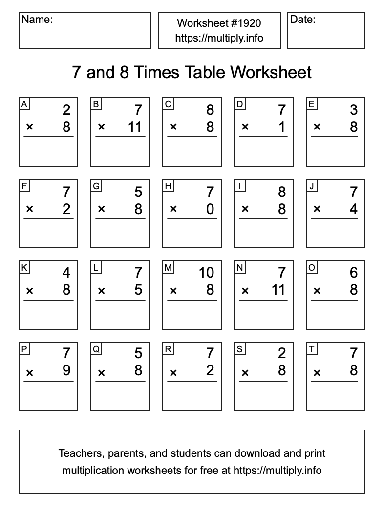 7 and 8 Times Table Worksheet #1920