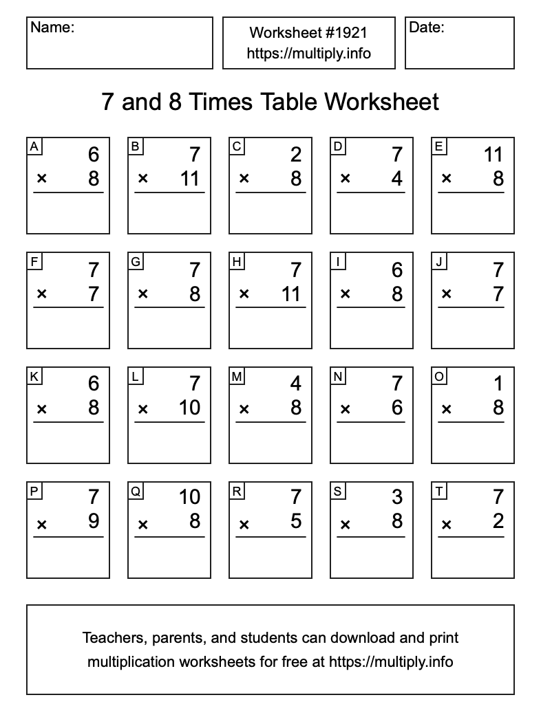 7 and 8 Times Table Worksheet #1921